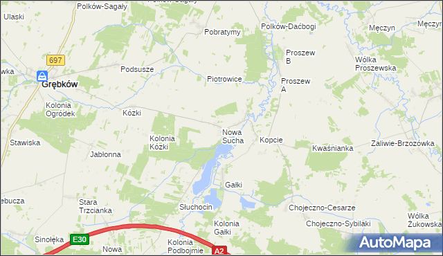 mapa Nowa Sucha gmina Grębków, Nowa Sucha gmina Grębków na mapie Targeo