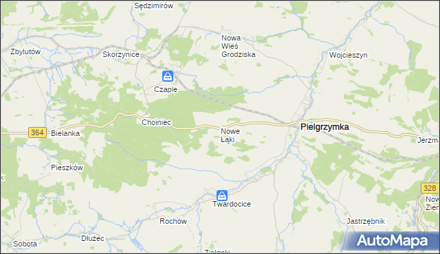 mapa Nowe Łąki gmina Pielgrzymka, Nowe Łąki gmina Pielgrzymka na mapie Targeo