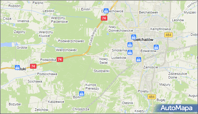 mapa Nowy Świat gmina Bełchatów, Nowy Świat gmina Bełchatów na mapie Targeo