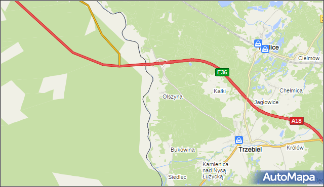 mapa Olszyna gmina Trzebiel, Olszyna gmina Trzebiel na mapie Targeo