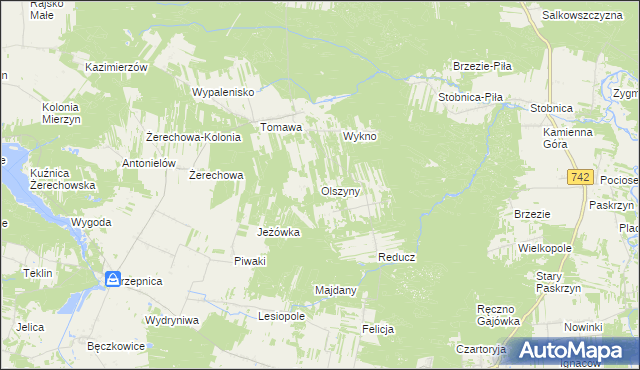 mapa Olszyny gmina Łęki Szlacheckie, Olszyny gmina Łęki Szlacheckie na mapie Targeo