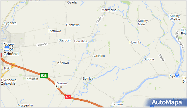 mapa Orliniec gmina Nowy Dwór Gdański, Orliniec gmina Nowy Dwór Gdański na mapie Targeo