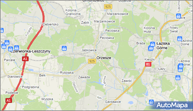 mapa Orzesze powiat mikołowski, Orzesze powiat mikołowski na mapie Targeo