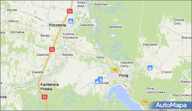 mapa Osiny gmina Kamienica Polska, Osiny gmina Kamienica Polska na mapie Targeo