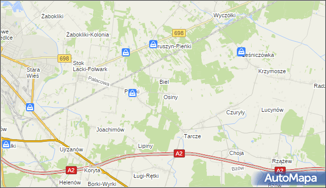 mapa Osiny gmina Siedlce, Osiny gmina Siedlce na mapie Targeo