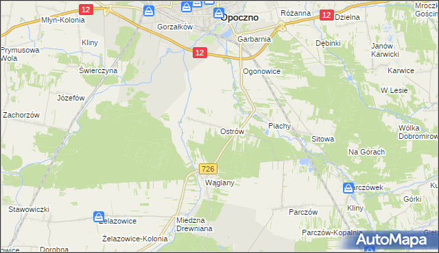 mapa Ostrów gmina Opoczno, Ostrów gmina Opoczno na mapie Targeo