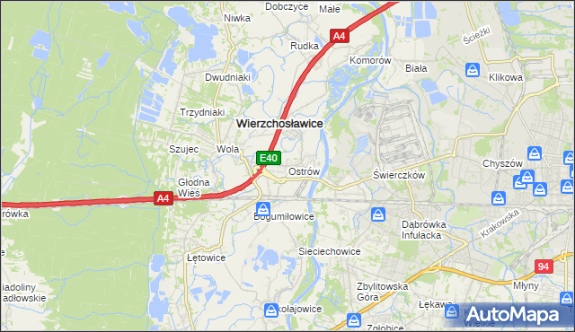 mapa Ostrów gmina Wierzchosławice, Ostrów gmina Wierzchosławice na mapie Targeo