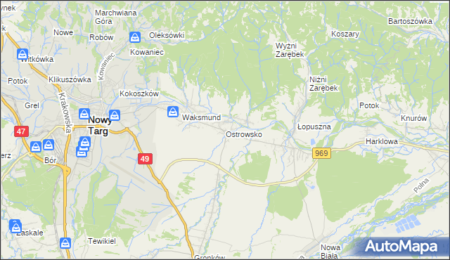 mapa Ostrowsko gmina Nowy Targ, Ostrowsko gmina Nowy Targ na mapie Targeo