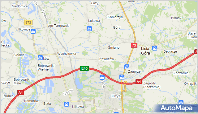 mapa Pawęzów gmina Lisia Góra, Pawęzów gmina Lisia Góra na mapie Targeo