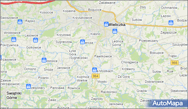mapa Pawlikowice gmina Wieliczka, Pawlikowice gmina Wieliczka na mapie Targeo