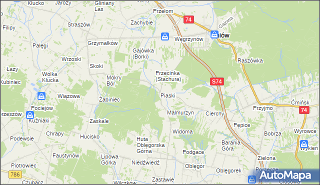 mapa Piaski gmina Mniów, Piaski gmina Mniów na mapie Targeo