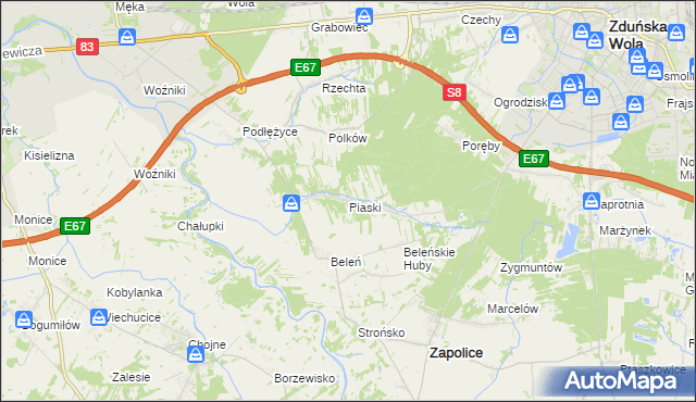 mapa Piaski gmina Zduńska Wola, Piaski gmina Zduńska Wola na mapie Targeo