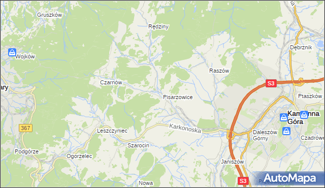 mapa Pisarzowice gmina Kamienna Góra, Pisarzowice gmina Kamienna Góra na mapie Targeo