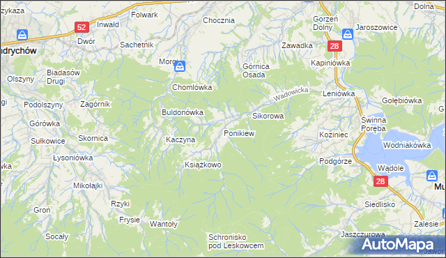 mapa Ponikiew gmina Wadowice, Ponikiew gmina Wadowice na mapie Targeo
