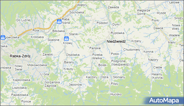 mapa Poręba Wielka gmina Niedźwiedź, Poręba Wielka gmina Niedźwiedź na mapie Targeo