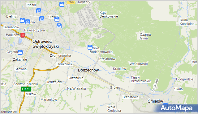 mapa Przyborów gmina Bodzechów, Przyborów gmina Bodzechów na mapie Targeo