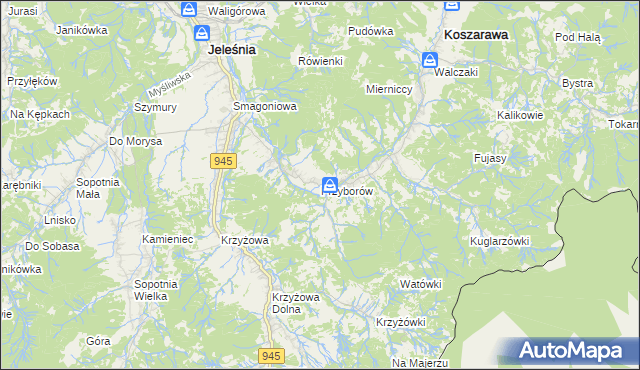 mapa Przyborów gmina Jeleśnia, Przyborów gmina Jeleśnia na mapie Targeo