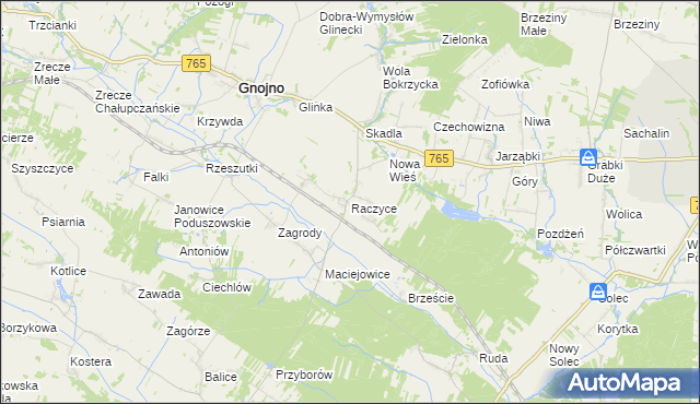 mapa Raczyce gmina Gnojno, Raczyce gmina Gnojno na mapie Targeo
