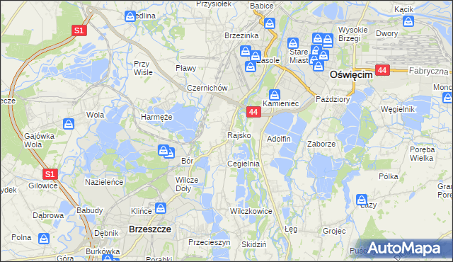 mapa Rajsko gmina Oświęcim, Rajsko gmina Oświęcim na mapie Targeo