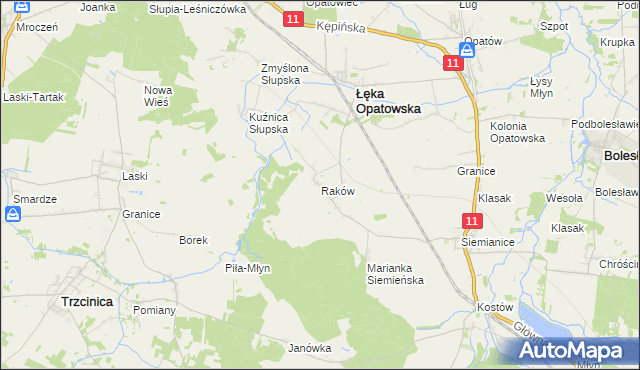 mapa Raków gmina Łęka Opatowska, Raków gmina Łęka Opatowska na mapie Targeo