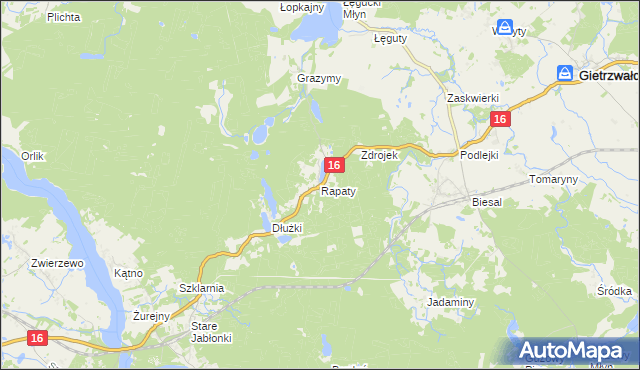 mapa Rapaty gmina Gietrzwałd, Rapaty gmina Gietrzwałd na mapie Targeo