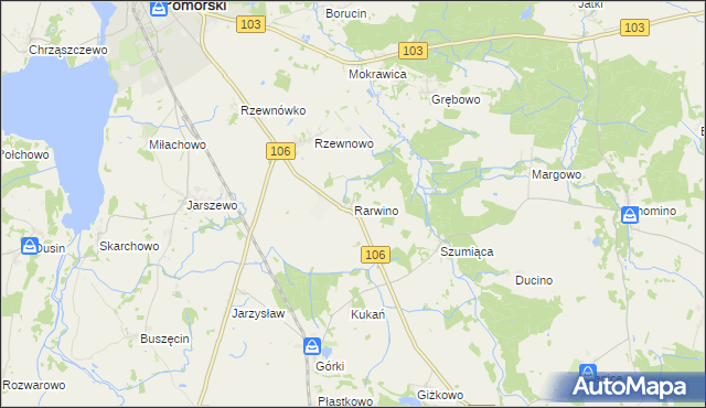 mapa Rarwino gmina Kamień Pomorski, Rarwino gmina Kamień Pomorski na mapie Targeo