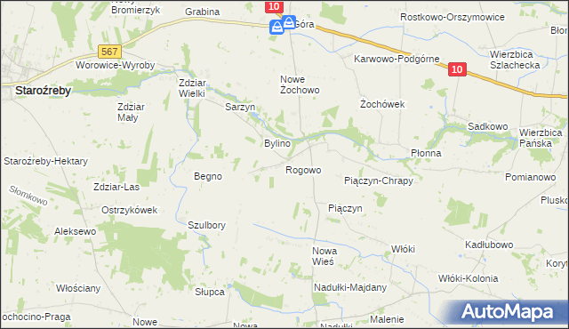 mapa Rogowo gmina Staroźreby, Rogowo gmina Staroźreby na mapie Targeo