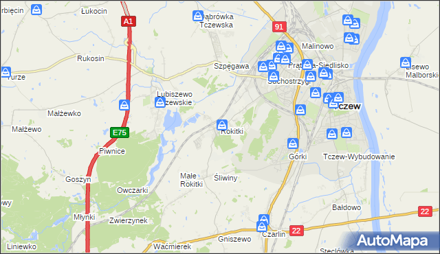 mapa Rokitki gmina Tczew, Rokitki gmina Tczew na mapie Targeo