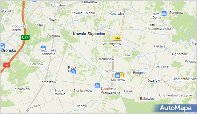 mapa Romanów gmina Kowala, Romanów gmina Kowala na mapie Targeo