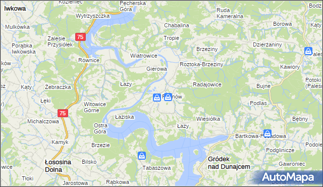 mapa Rożnów gmina Gródek nad Dunajcem, Rożnów gmina Gródek nad Dunajcem na mapie Targeo