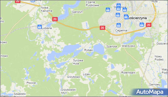 mapa Rybaki gmina Kościerzyna, Rybaki gmina Kościerzyna na mapie Targeo