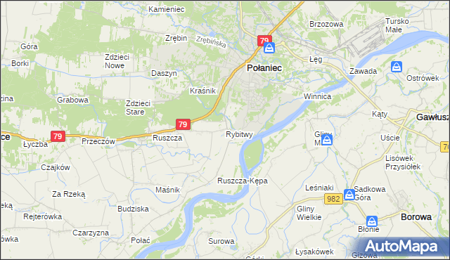 mapa Rybitwy gmina Połaniec, Rybitwy gmina Połaniec na mapie Targeo