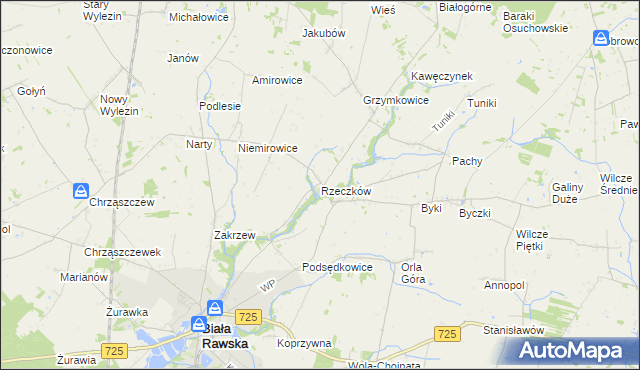mapa Rzeczków gmina Biała Rawska, Rzeczków gmina Biała Rawska na mapie Targeo