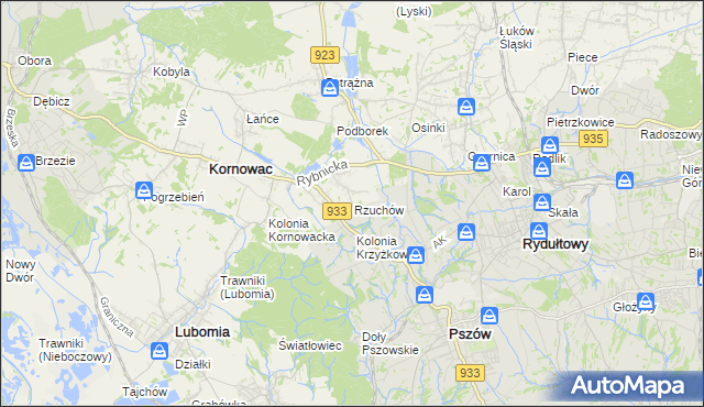 mapa Rzuchów gmina Kornowac, Rzuchów gmina Kornowac na mapie Targeo