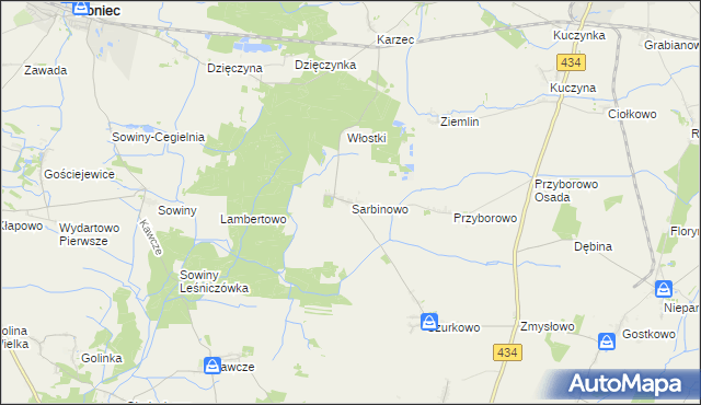 mapa Sarbinowo gmina Poniec, Sarbinowo gmina Poniec na mapie Targeo