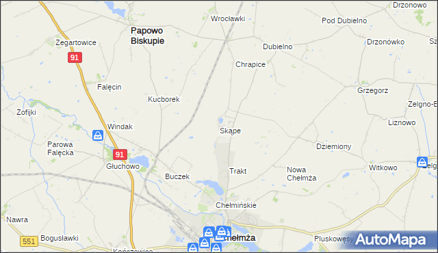 mapa Skąpe gmina Chełmża, Skąpe gmina Chełmża na mapie Targeo