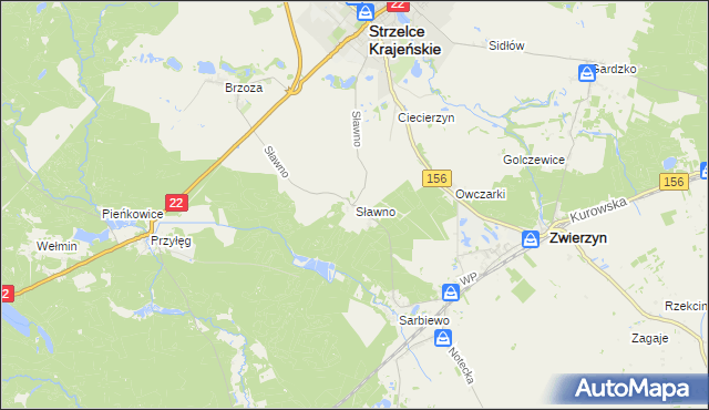 mapa Sławno gmina Strzelce Krajeńskie, Sławno gmina Strzelce Krajeńskie na mapie Targeo