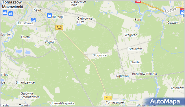 mapa Sługocice gmina Tomaszów Mazowiecki, Sługocice gmina Tomaszów Mazowiecki na mapie Targeo