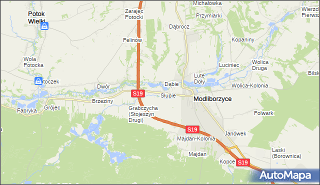 mapa Słupie gmina Modliborzyce, Słupie gmina Modliborzyce na mapie Targeo