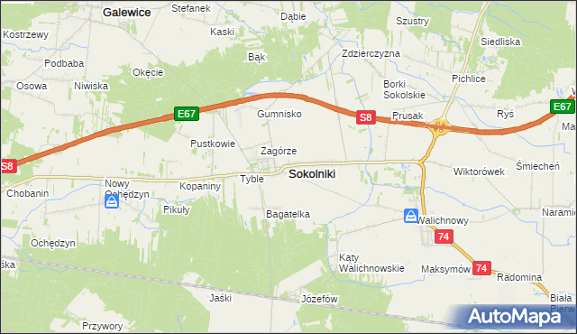 mapa Sokolniki powiat wieruszowski, Sokolniki powiat wieruszowski na mapie Targeo