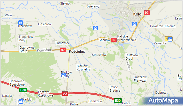 mapa Straszków gmina Kościelec, Straszków gmina Kościelec na mapie Targeo