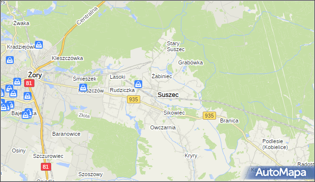 mapa Suszec powiat pszczyński, Suszec powiat pszczyński na mapie Targeo
