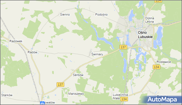 mapa Świniary gmina Ośno Lubuskie, Świniary gmina Ośno Lubuskie na mapie Targeo