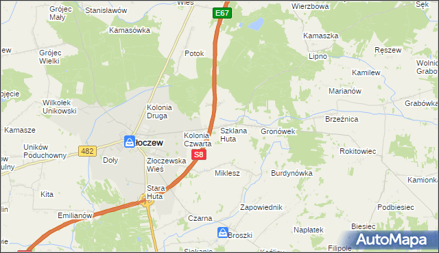 mapa Szklana Huta gmina Złoczew, Szklana Huta gmina Złoczew na mapie Targeo