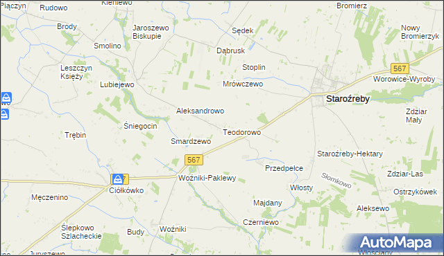 mapa Teodorowo gmina Staroźreby, Teodorowo gmina Staroźreby na mapie Targeo