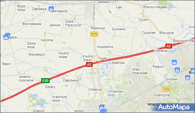 mapa Tłuste gmina Grodzisk Mazowiecki, Tłuste gmina Grodzisk Mazowiecki na mapie Targeo