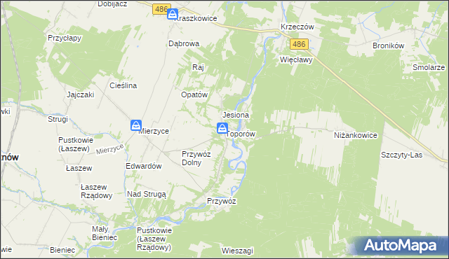 mapa Toporów gmina Wierzchlas, Toporów gmina Wierzchlas na mapie Targeo
