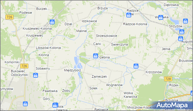 mapa Trzebina gmina Drzewica, Trzebina gmina Drzewica na mapie Targeo