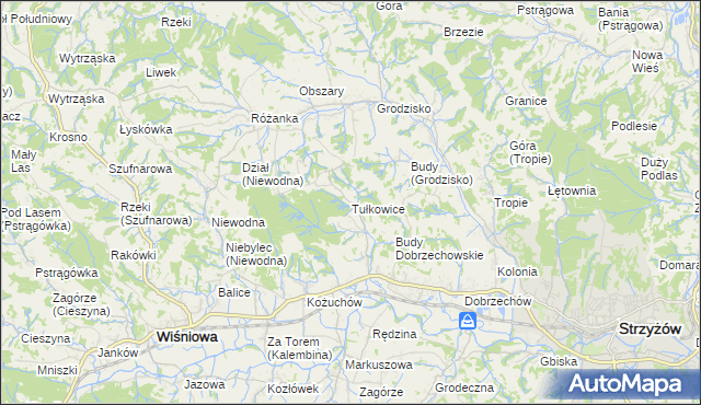 mapa Tułkowice gmina Wiśniowa, Tułkowice gmina Wiśniowa na mapie Targeo