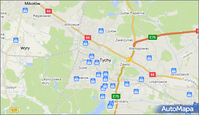 mapa Tychów, Tychy na mapie Targeo